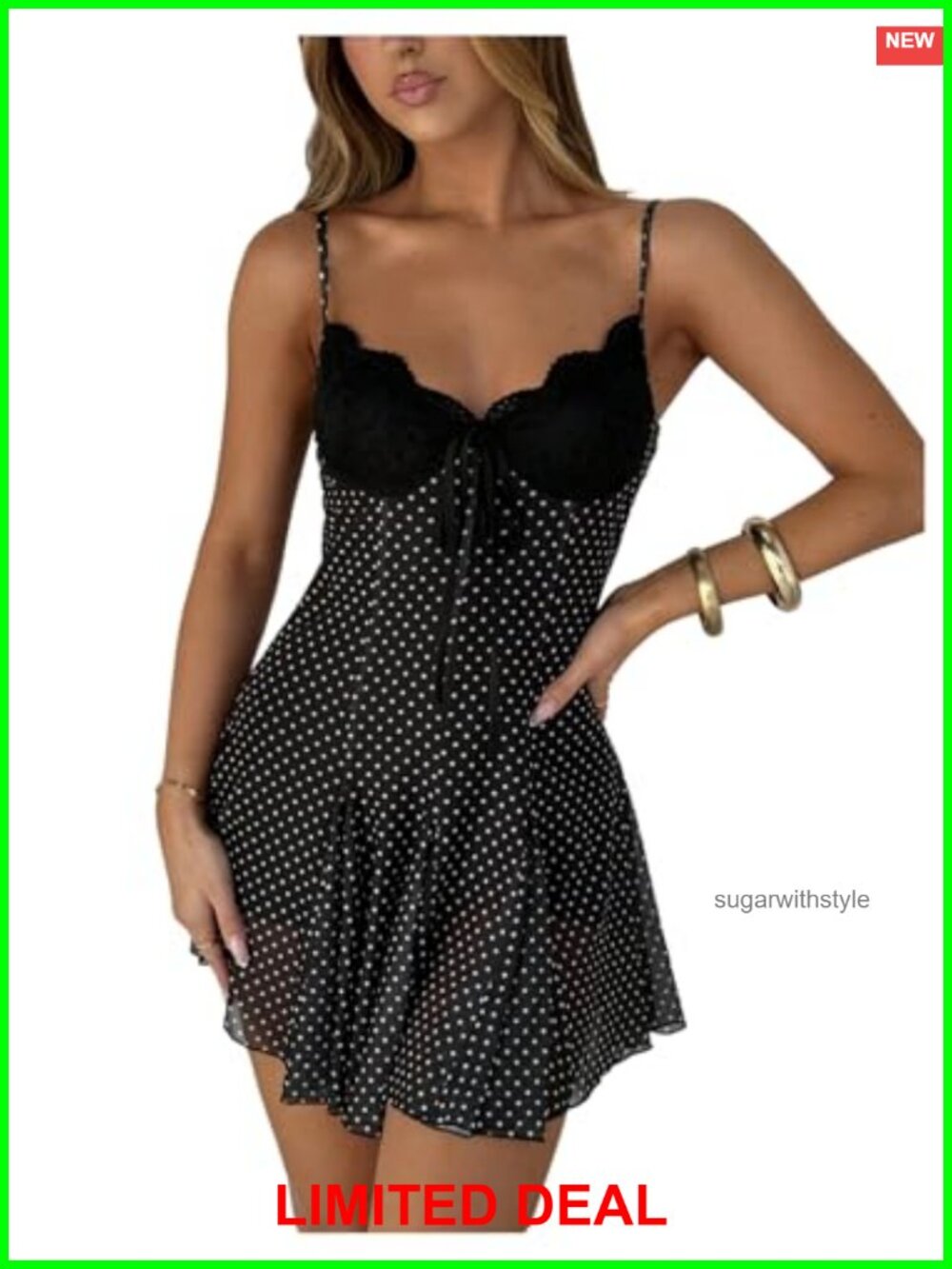 Women's Polka Dots Mesh Lace A Line Mini Dress Sleeveless V Neck
